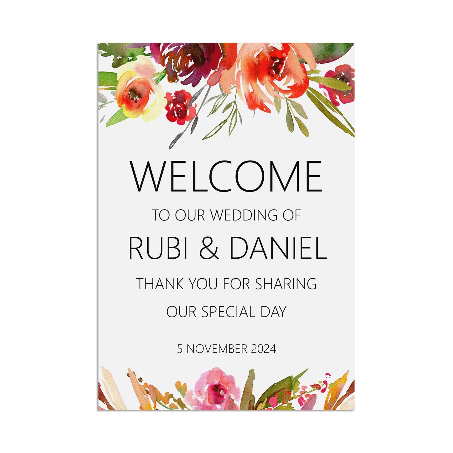 Red Floral Welcome To Our Wedding Of Sign - Personalised & Printed A5, A4, A3 Sign