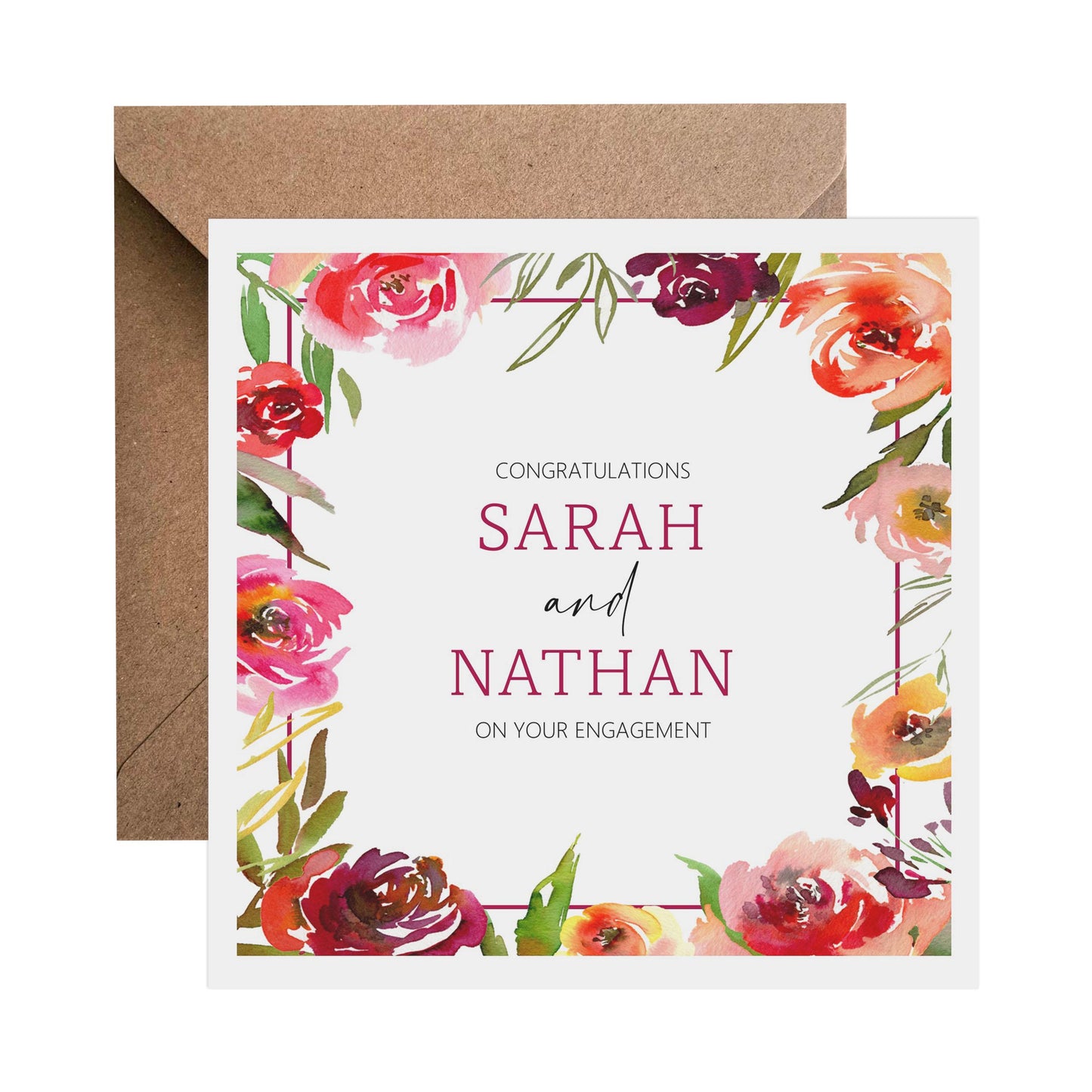 Engagment Card - Personalised Keepsake Card With Names - Red Floral Design - PMPrinted