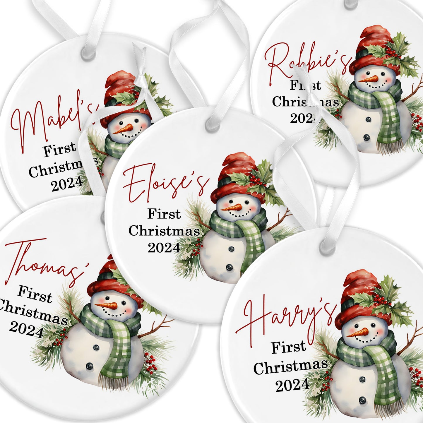 Snowman Personalised 1st Christmas Flat Ceramic Hanging Ornament Bauble