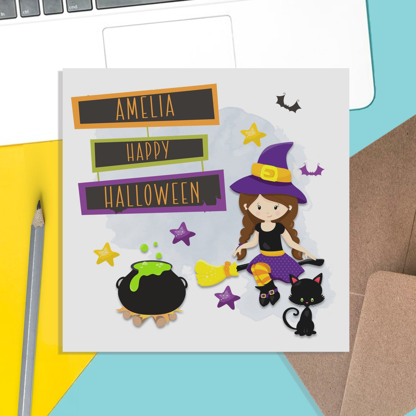 Witch On Broom Halloween Personalised Children's Card