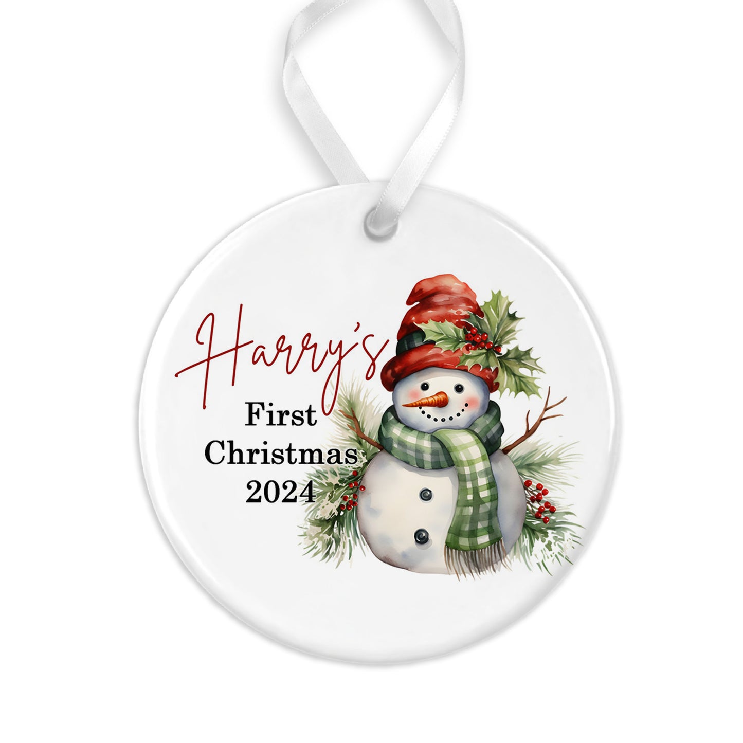 Snowman Personalised 1st Christmas Flat Ceramic Hanging Ornament Bauble