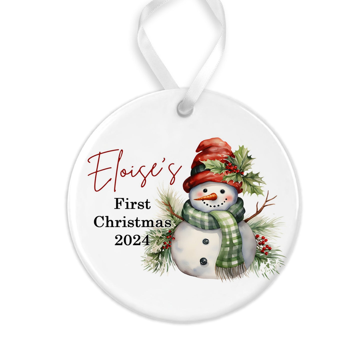 Snowman Personalised 1st Christmas Flat Ceramic Hanging Ornament Bauble