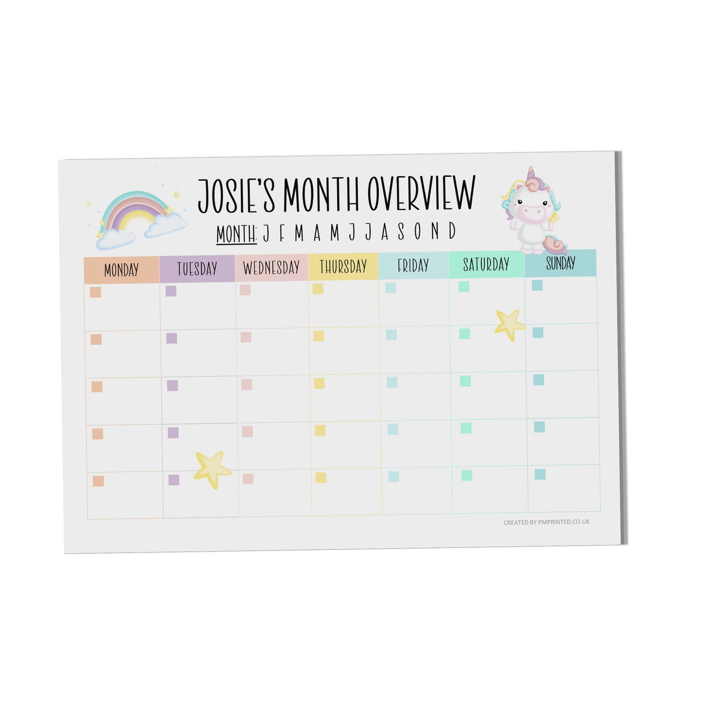 Children's Unicorn Month Overview Planner A4 with 24 undated tear off pages