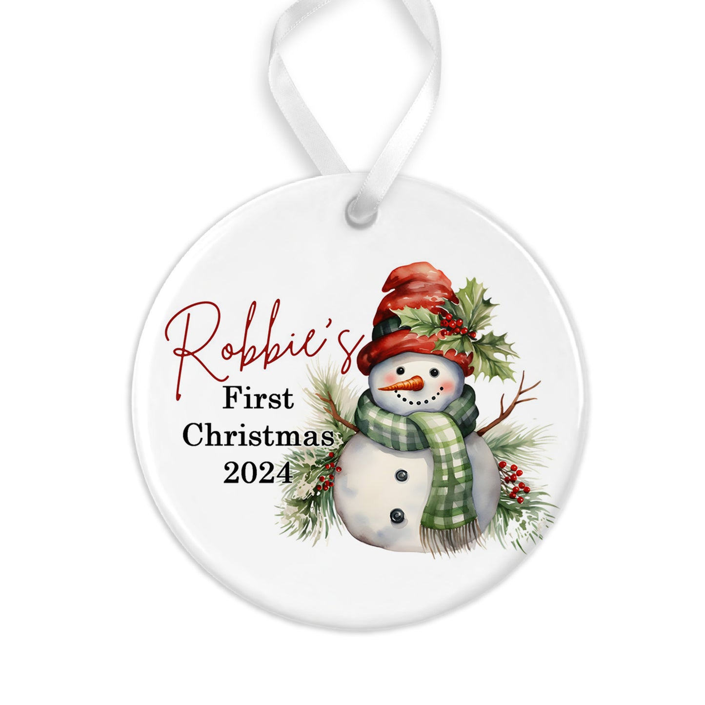 Snowman Personalised 1st Christmas Flat Ceramic Hanging Ornament Bauble
