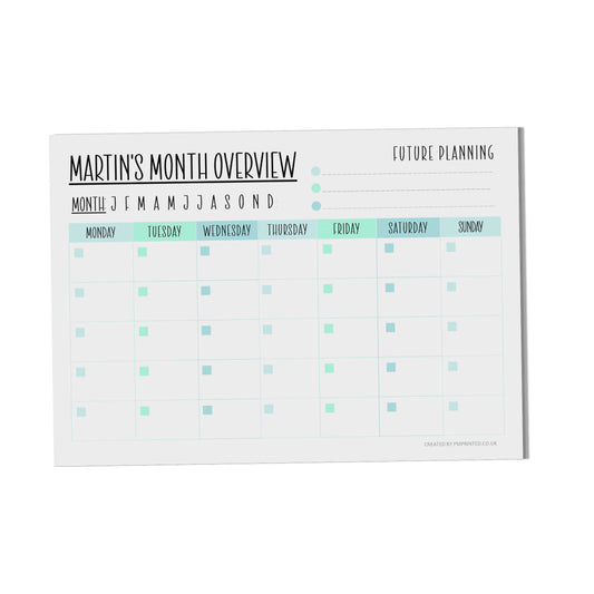 Personalised Undated Aqua Monthly Planner, A4 With 24 Undated Tear Off Pages, Productivity organiser Notepad