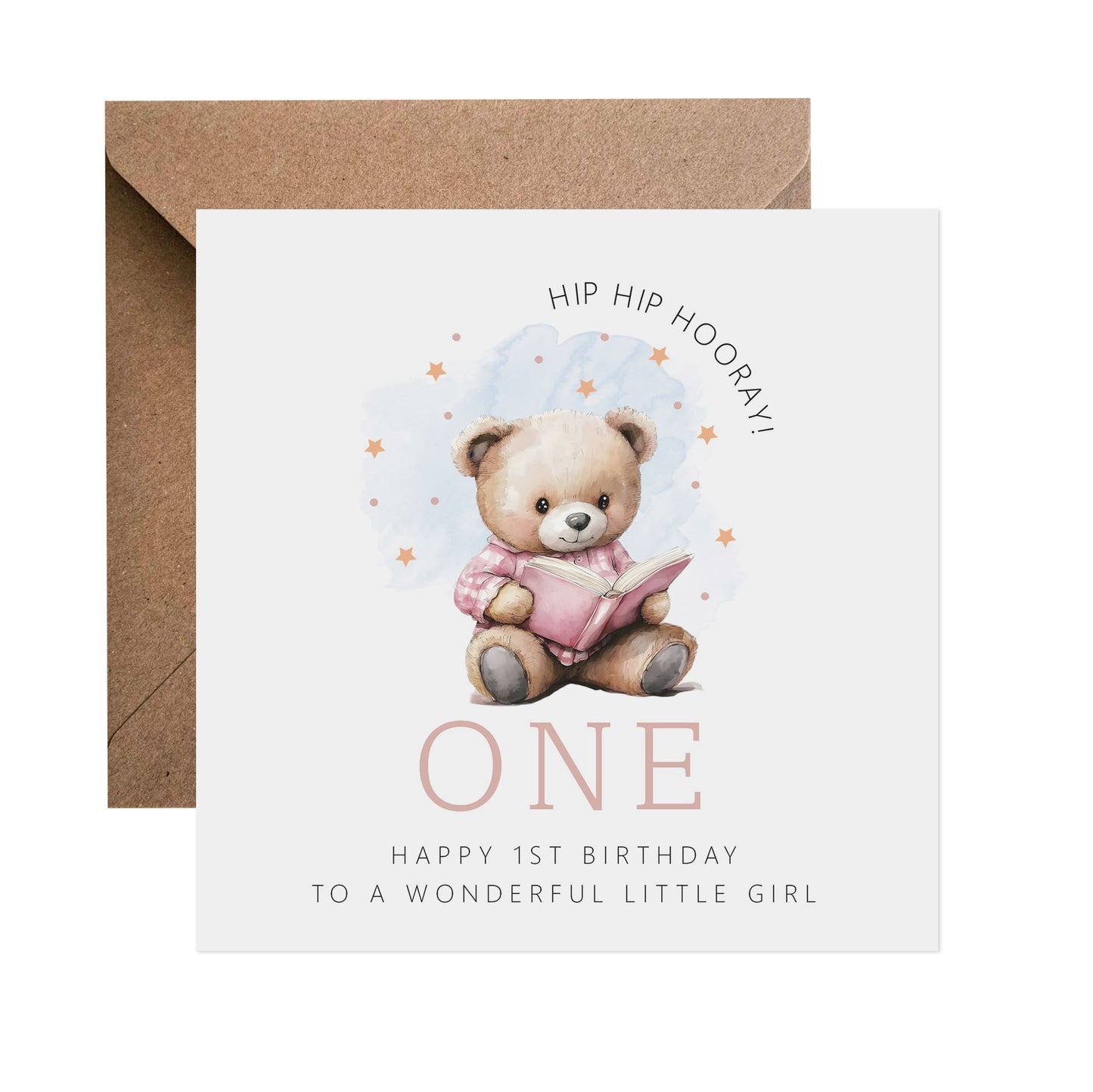 1st Birthday Card - Pink Teddy Reading