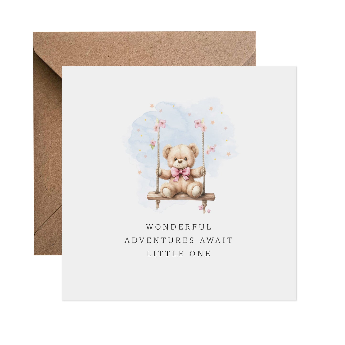Teddy Swinging Adventure Awaits - New Baby Girl Card