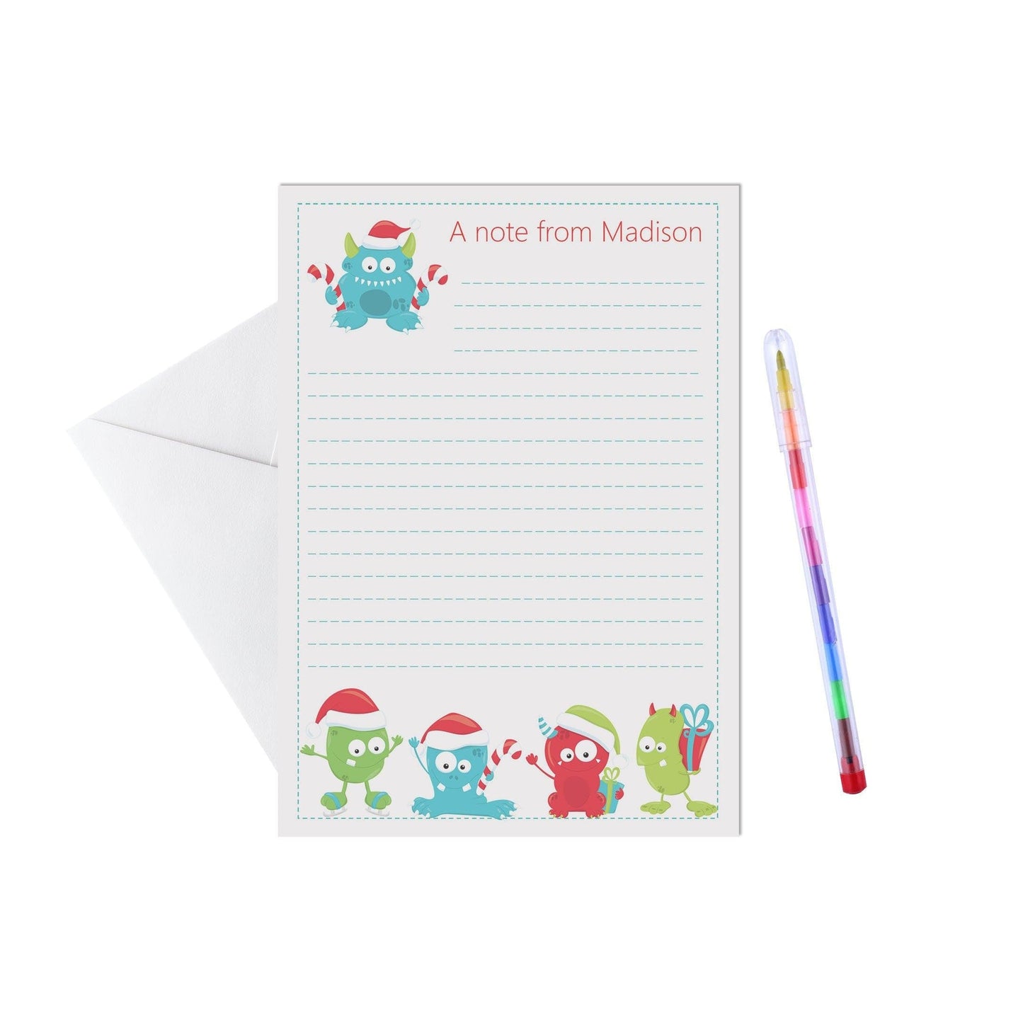 Christmas monster personalised writing set / notelets. Pack of 15, A5 sheets & envelopes by PMPRINTED