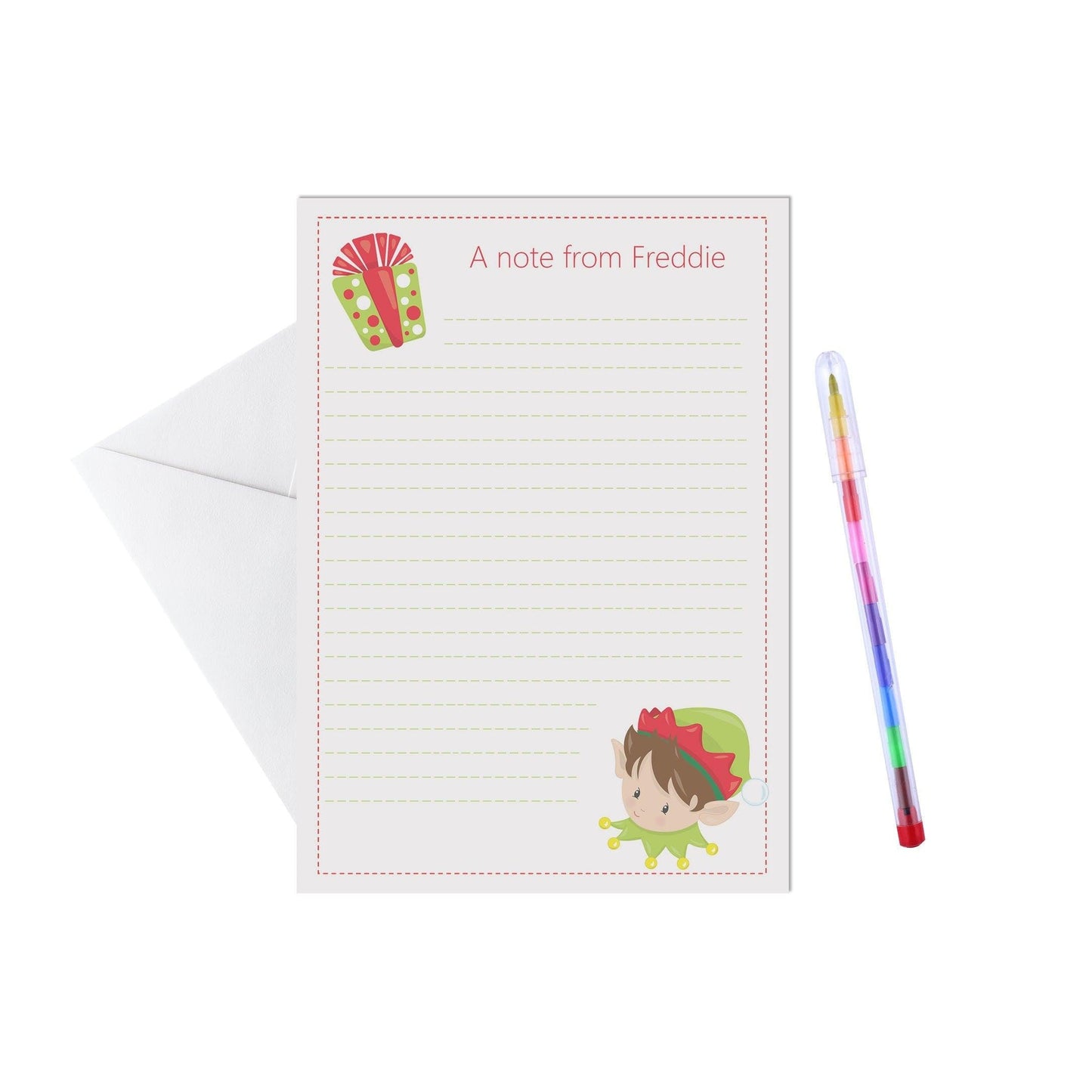 Elf boy personalised writing set / notelets. Pack of 15, A5 sheets & envelopes by PMPRINTED