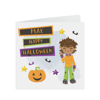 Personalised Halloween card, Cute warewolf card with kraft brown envelope