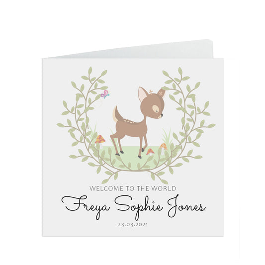 New Baby Welcome To The World Woodland Deer Personalised Congratulations Card