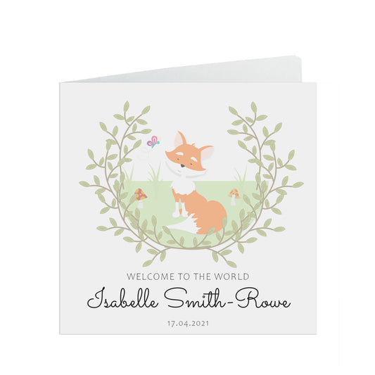 Personalised New Baby Welcome To The World Card, Cute Fox Woodland Card