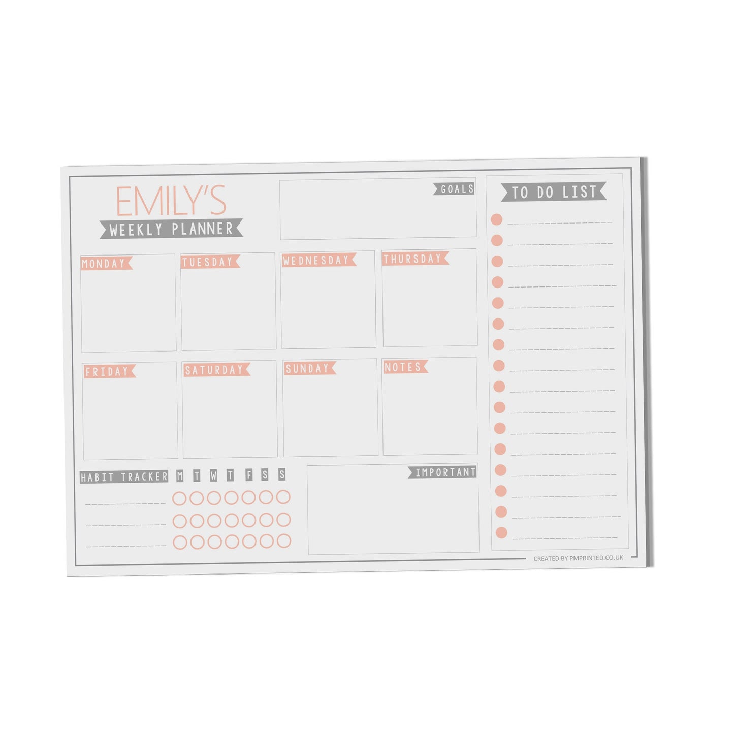 Weekly Planner, A4 with 52 undated tear off pages, daily Personalised Productivity organiser notepad by PMPRINTED
