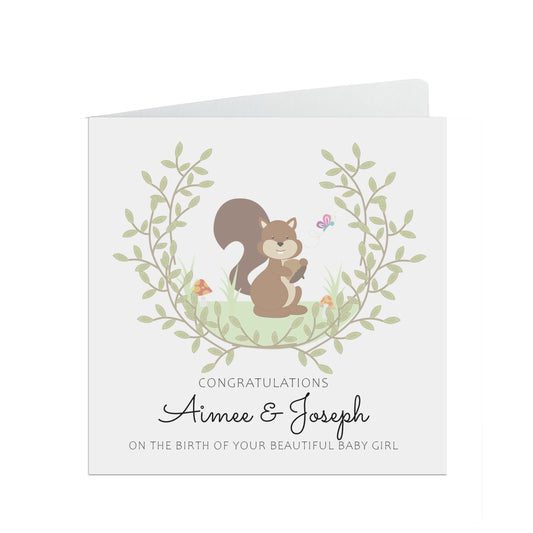 New Baby Girl, Woodland Squirrel Personalised Congratulations Card