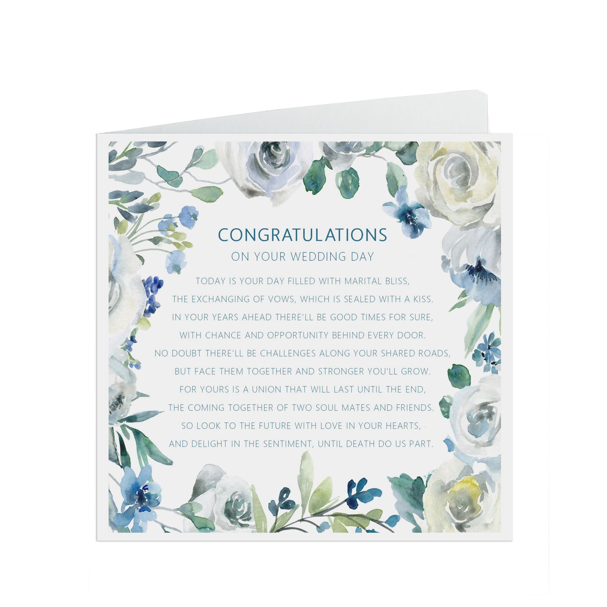 Congratulations On Your Wedding Day, Blue Floral Sentimental Poem, 6x6 Inches With A Kraft Envelope