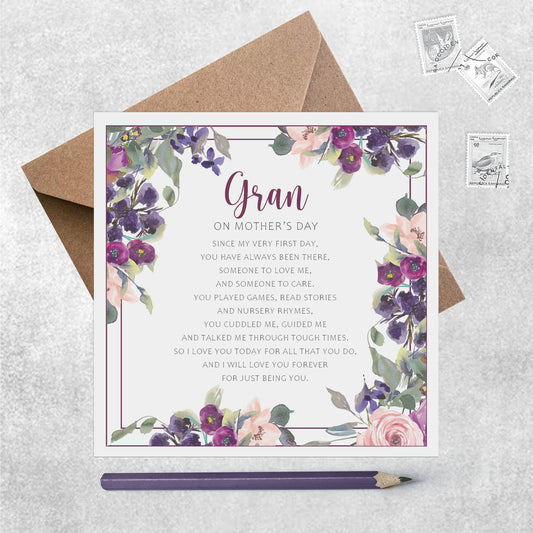 Gran Mother's Day Card, Sentimental Purple Floral Poem Card