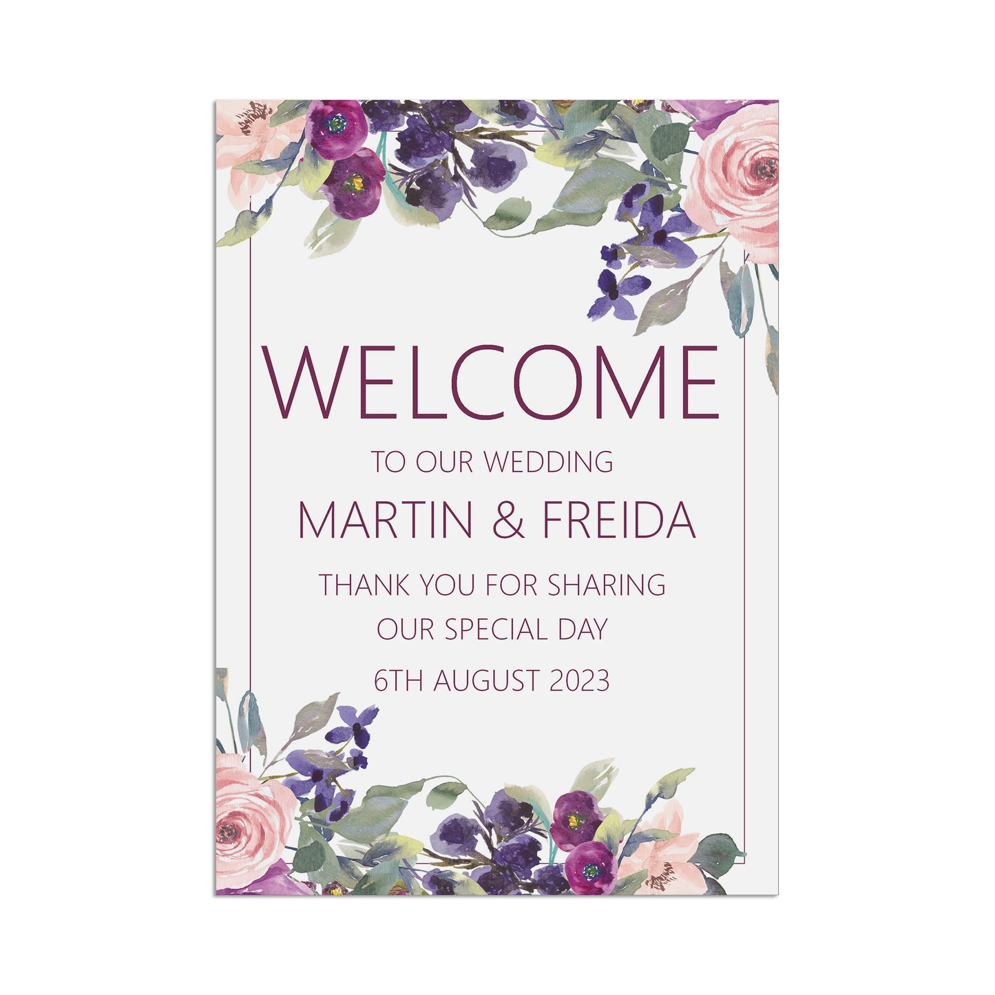 Purple Floral Welcome To Our Wedding Sign