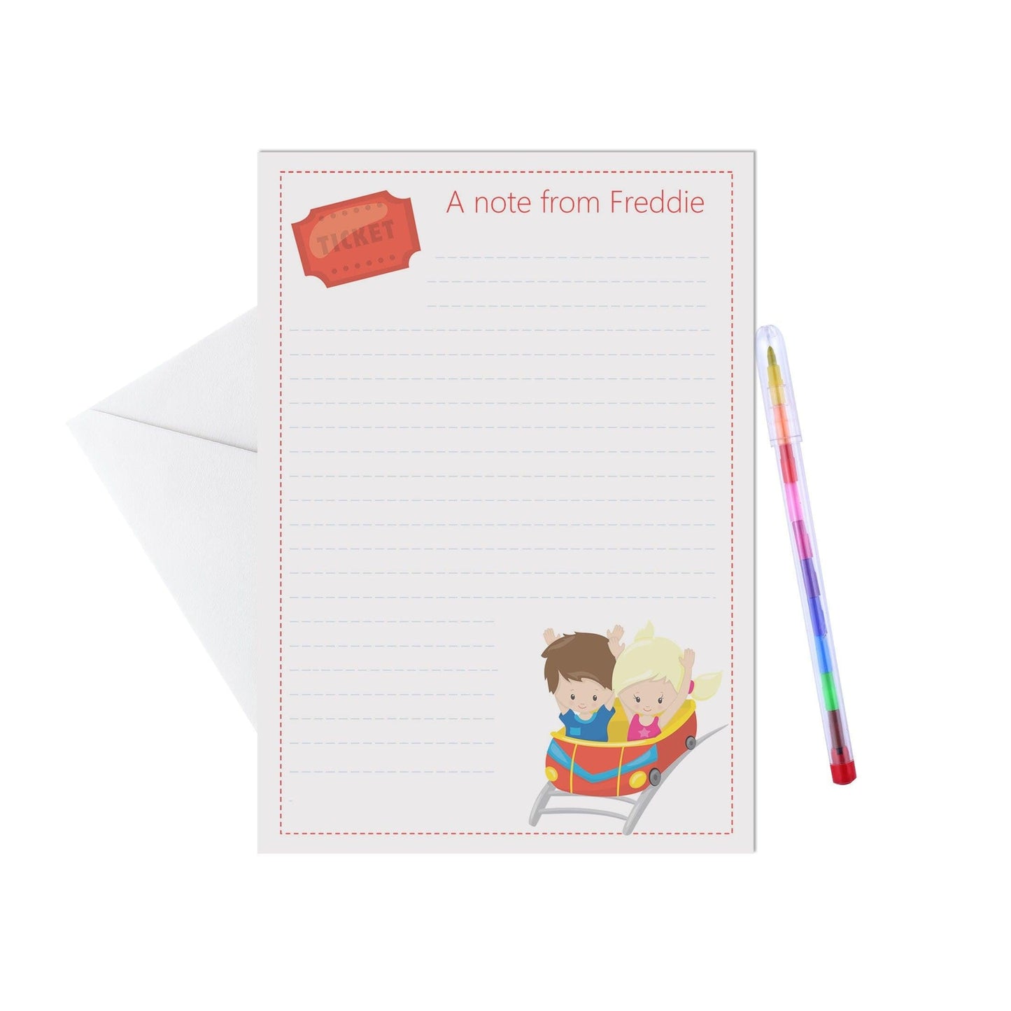 Roller coaster personalised writing set / notelets. Pack of 15, A5 sheets & envelopes by PMPRINTED