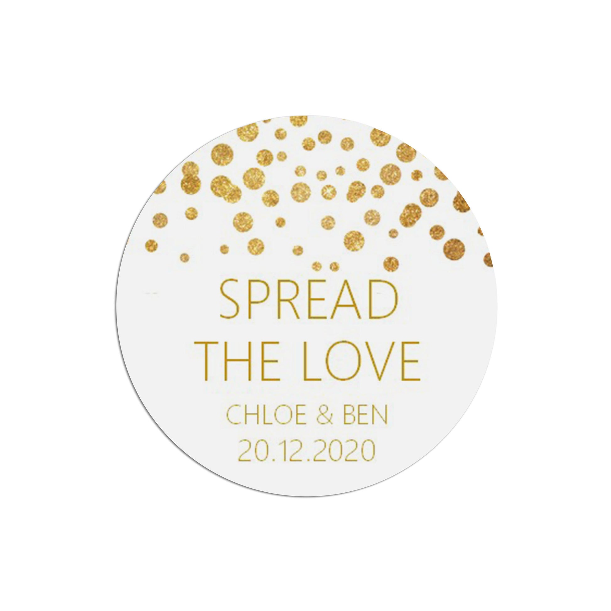 Spread The Love Wedding Stickers, Gold Effect 37mm Round Personalised x 35 Stickers Per Sheet