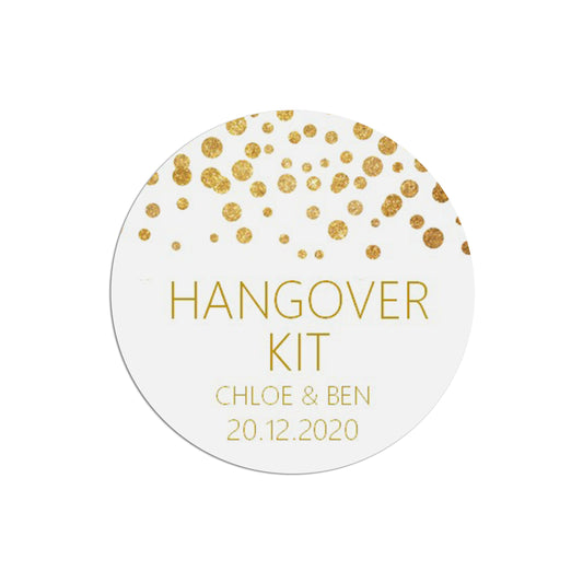 Hangover Kit Wedding Stickers, Gold Effect 37mm Round Personalised x 35 Stickers Per Sheet