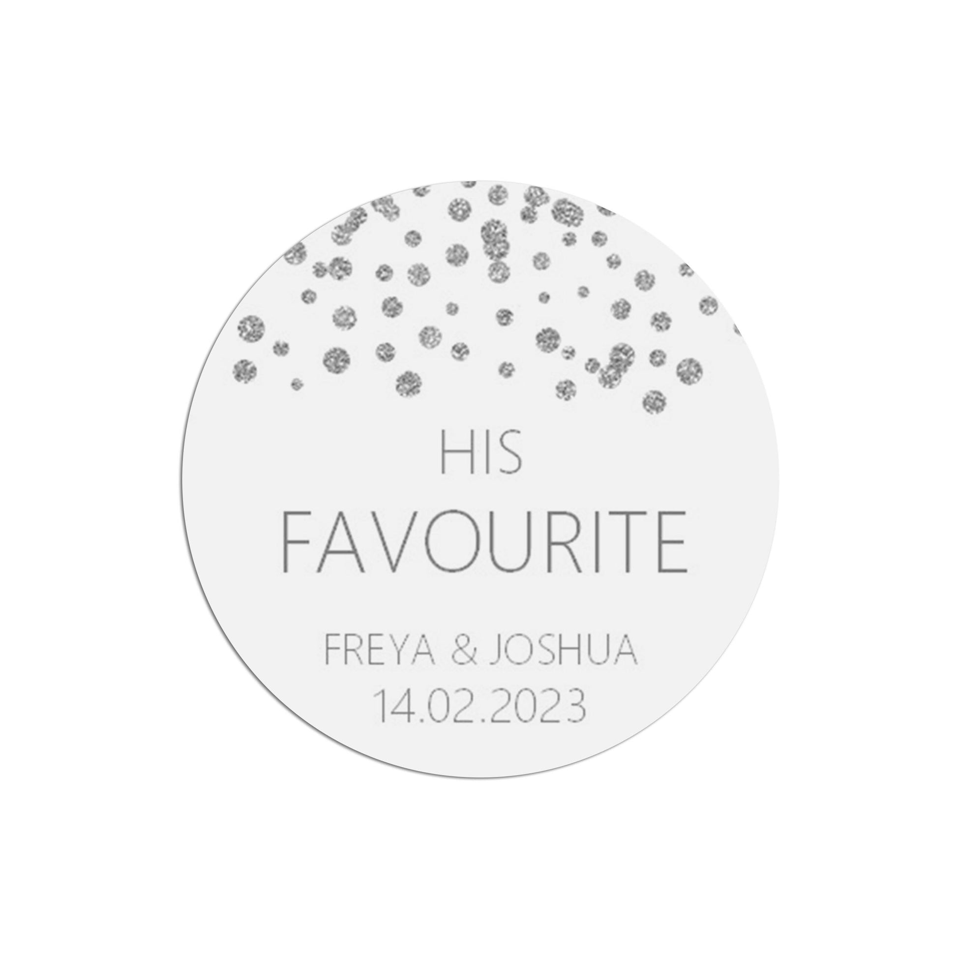 His Favourite Wedding Stickers, Silver Effect 37mm Round x 35 Stickers Per Sheet, Personalised At Bottom