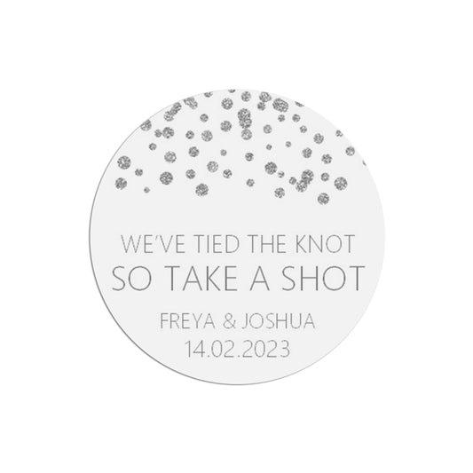 Take A Shot Wedding Stickers, Silver Effect 37mm Round x 35 Stickers Per Sheet, Personalised At Bottom
