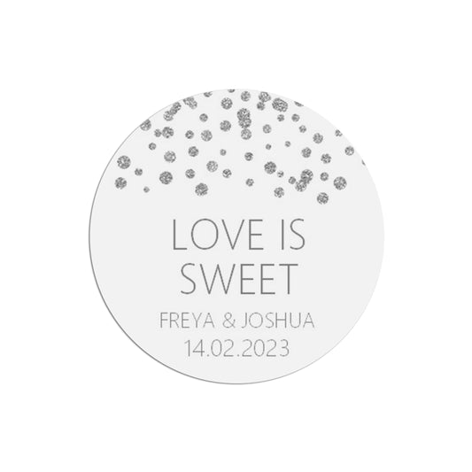 Love Is Sweet Wedding Stickers, Silver Effect 37mm Round x 35 Stickers Per Sheet, Personalised At Bottom