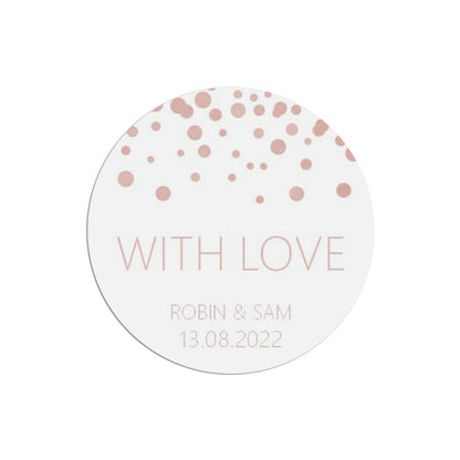 With Love Wedding Stickers, Blush Confetti 37mm Round Personalised x 35 Stickers Per Sheet