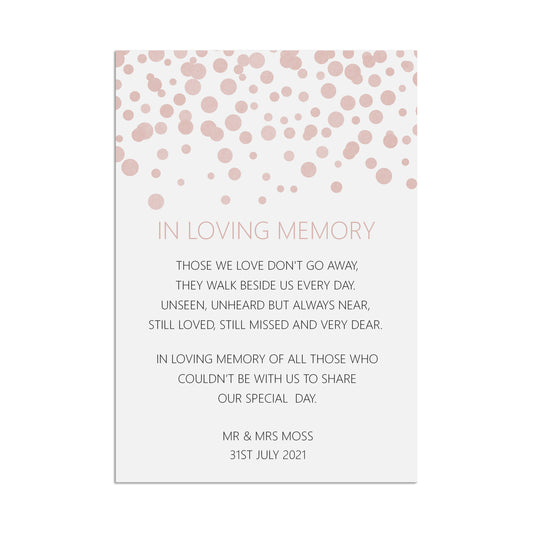 Loving Memory Remembrance Wedding Sign, Blush Confetti Personalised A5, A4, Or A3