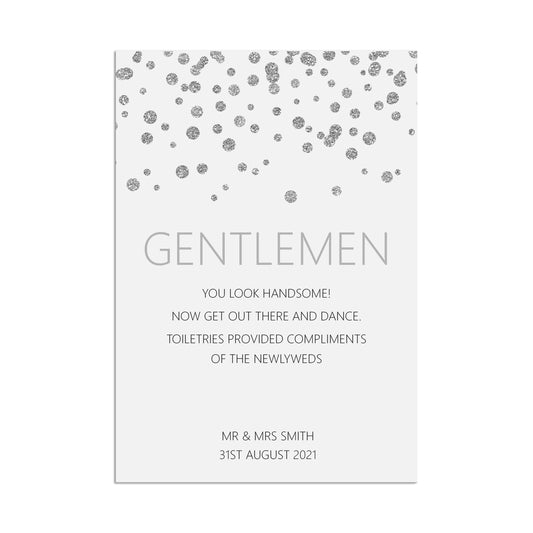 Gentlemen Bathroom Wedding Sign, Personalised Silver Effect A5, A4 Or A3 Sign