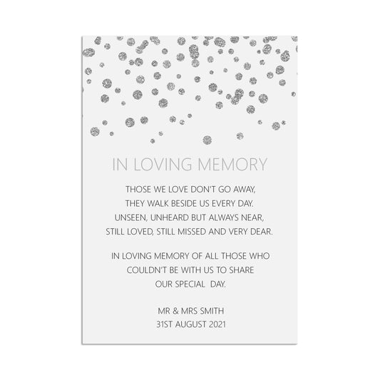 Wedding Sign - Loving Memory, Remembrance , Personalised Silver A5, A4 Or A3 Sign