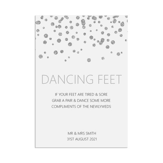 Dancing Feet Flip Flop Wedding Sign, Silver Effect Personalised & Printed A5, A4 Or A3