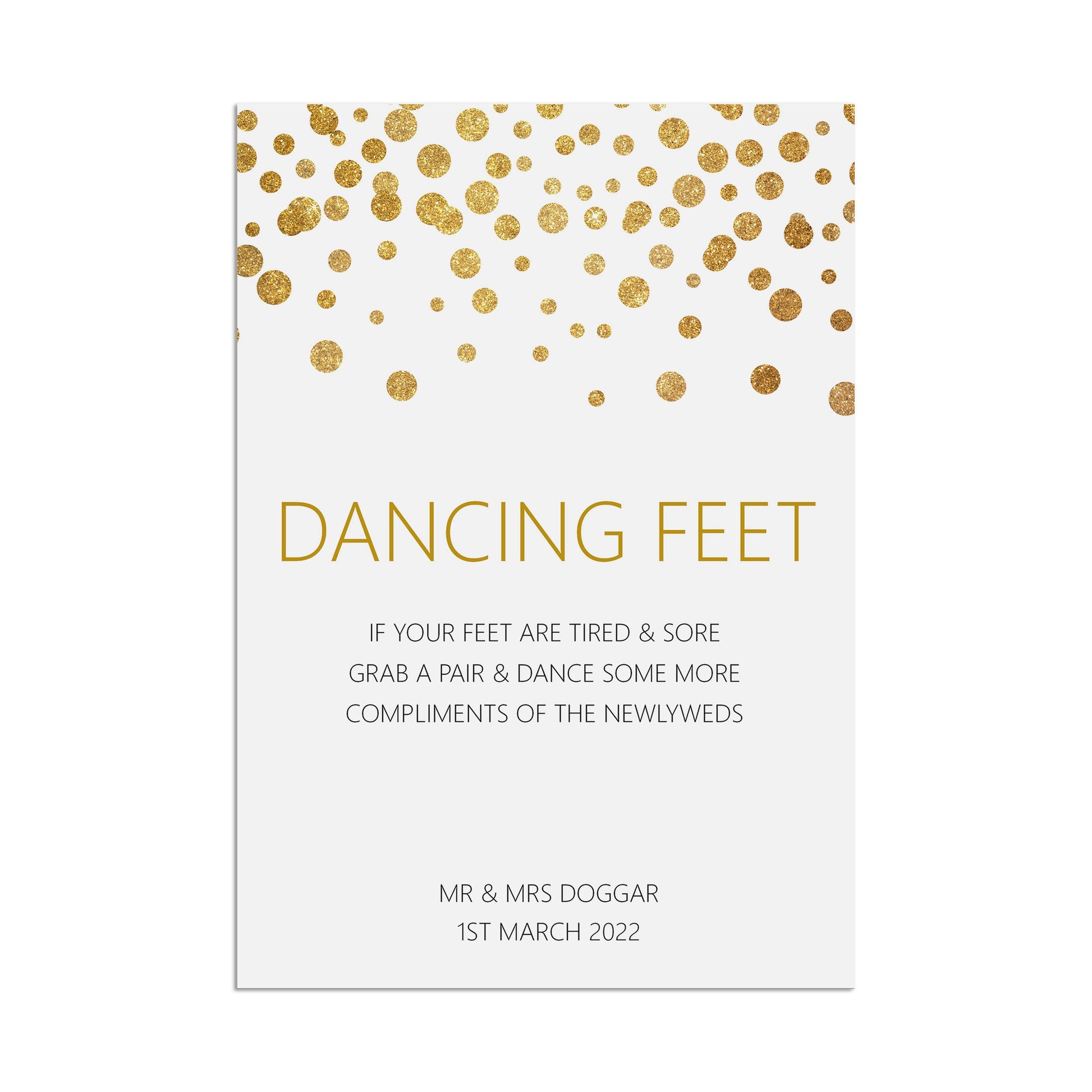 Wedding Sign - Flip Flop Dancing Feet , Personalised Gold A5, A5 Or A3