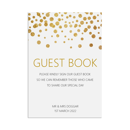 Guest Book Wedding Sign, Personalised Gold Effect A5, A5 Or A3