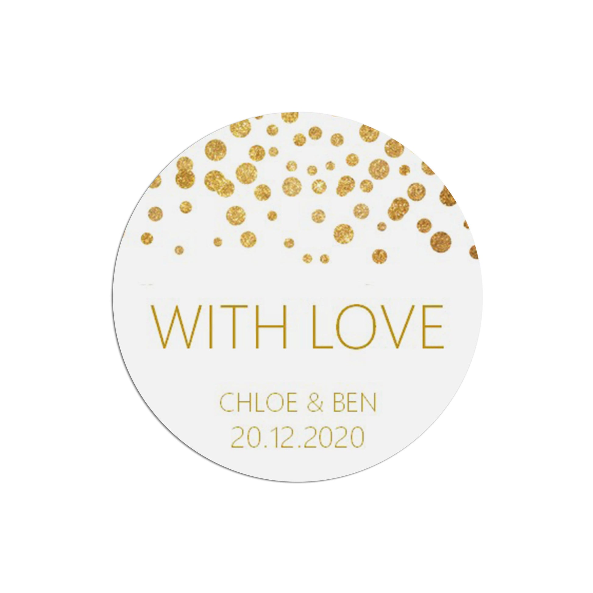With Love Wedding Stickers, Gold Effect 37mm Round Personalised x 35 Stickers Per Sheet