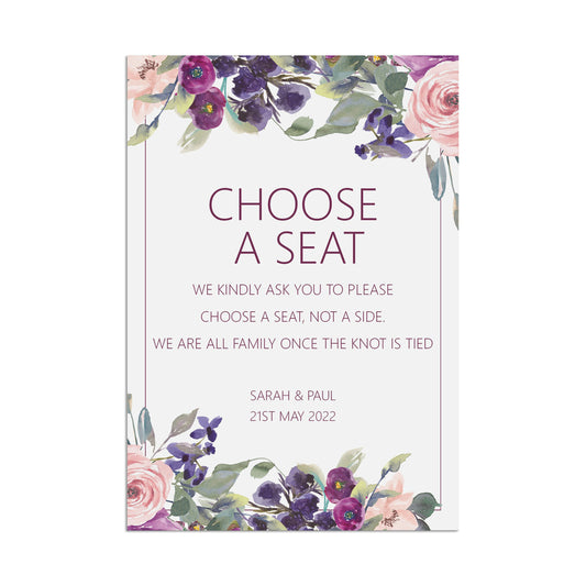 Wedding Sign - Choose A Seat Wedding Ceremony Sign Purple Floral Personalised A5, A4 Or A3