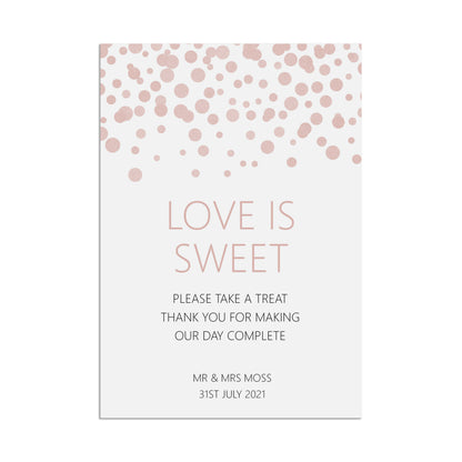 Love Is Sweet Wedding Sign, Blush Confetti Personalised A5, A4, Or A3