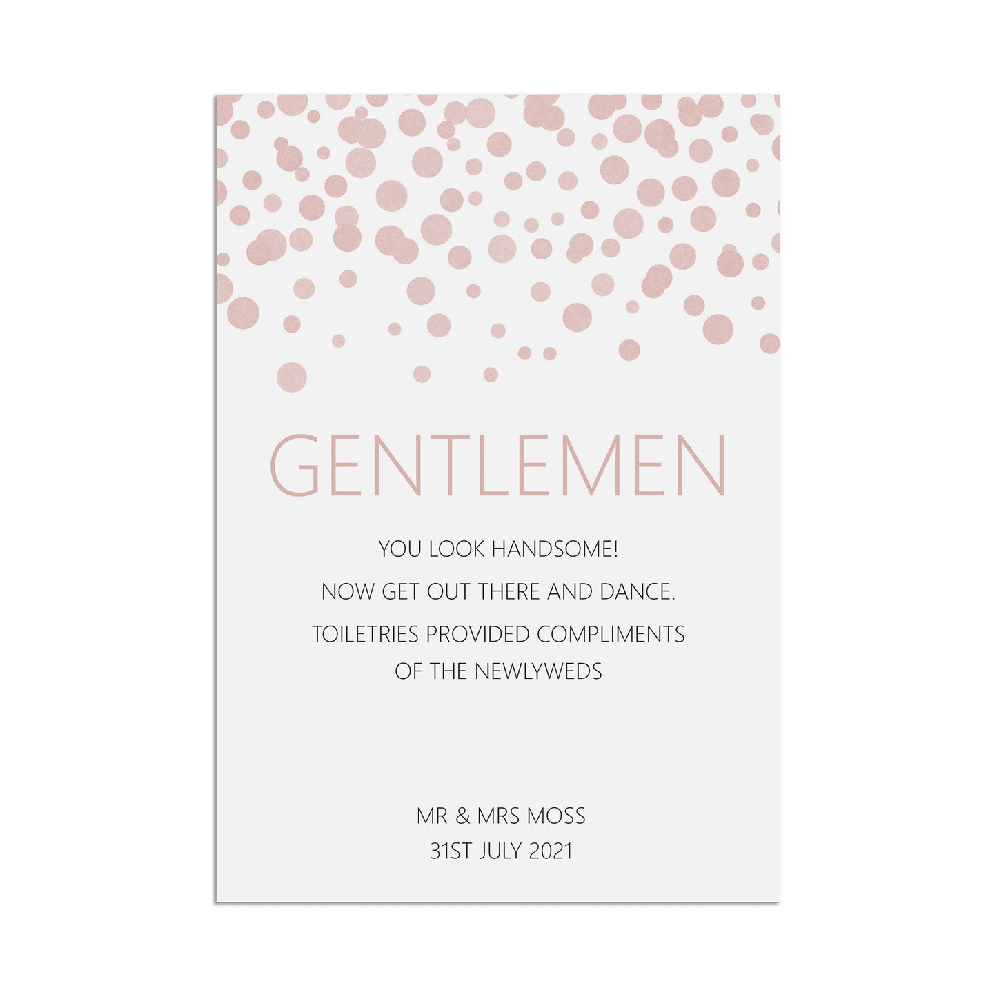 Wedding Sign - Gentlemen Toiletries , Blush Confetti Personalised A5, A4, Or A3