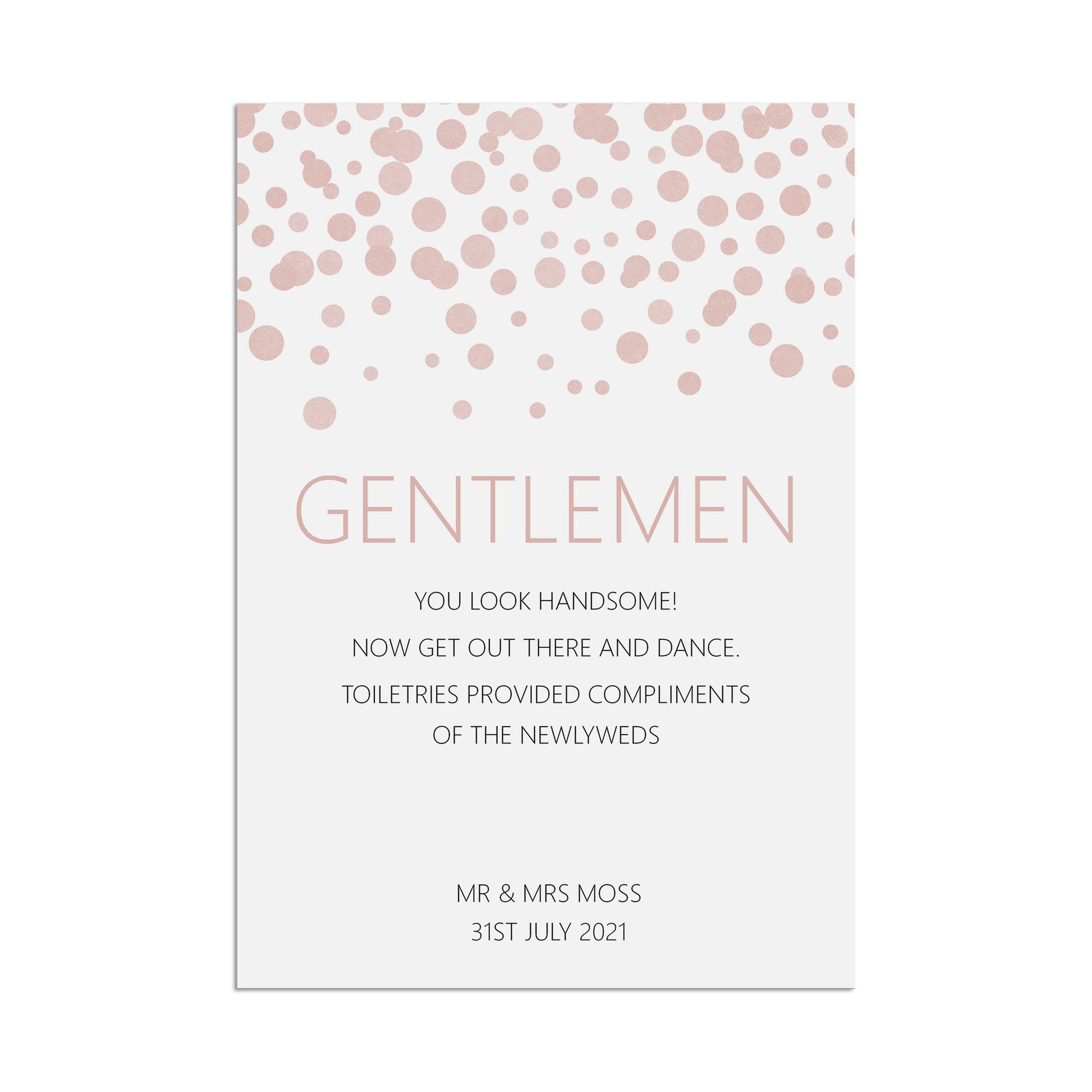 Wedding Sign - Gentlemen Toiletries , Blush Confetti Personalised A5, A4, Or A3