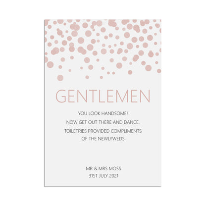 Wedding Sign - Gentlemen Toiletries , Blush Confetti Personalised A5, A4, Or A3
