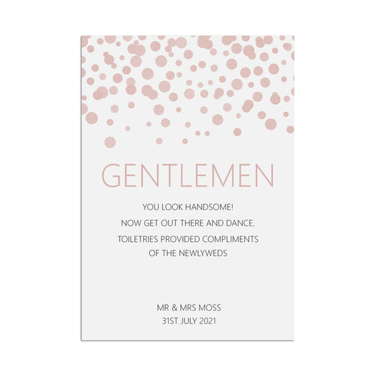 Wedding Sign - Gentlemen Toiletries , Blush Confetti Personalised A5, A4, Or A3