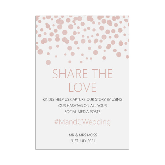 Social Media Hashtag Wedding Sign, Blush Confetti Personalised A5, A4, Or A3