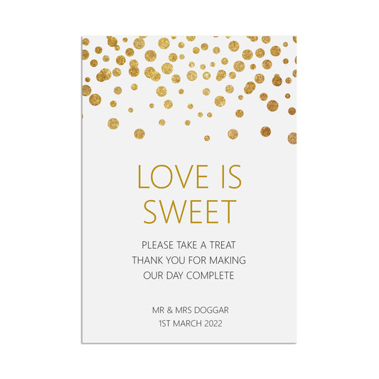 Love Is Sweet Wedding Sign, Personalised Gold Effect A5, A5 Or A3