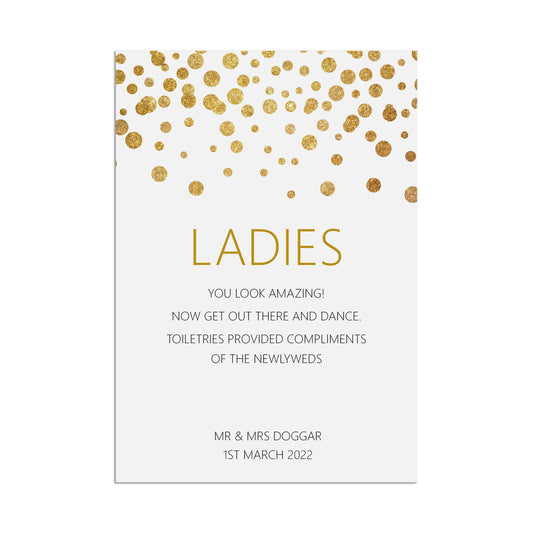 Ladies Toiletries Wedding Sign, Personalised Gold Effect A5, A5 Or A3
