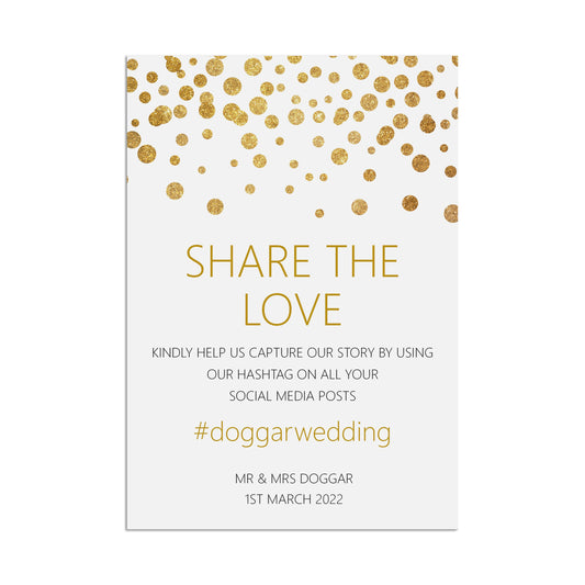 Wedding Sign - Social Media Hashtag , Personalised Gold A5, A5 Or A3