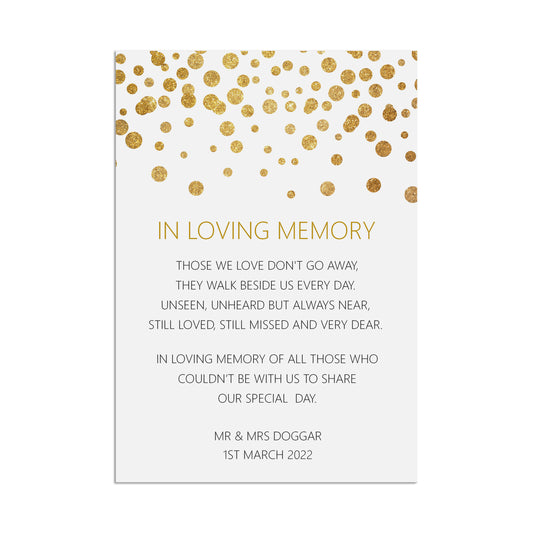 In loving memory, Remembrance Wedding Sign, Personalised Gold Effect A5, A5 Or A3