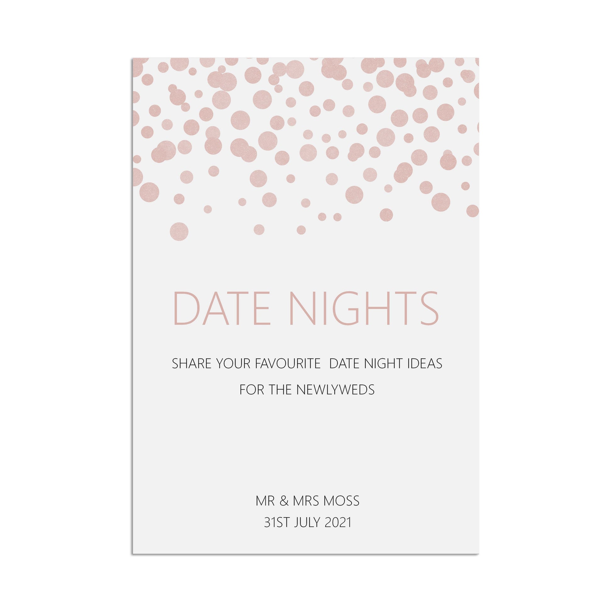 Wedding Sign - Date Night Ideas , Blush Confetti Personalised A5, A4, Or A3