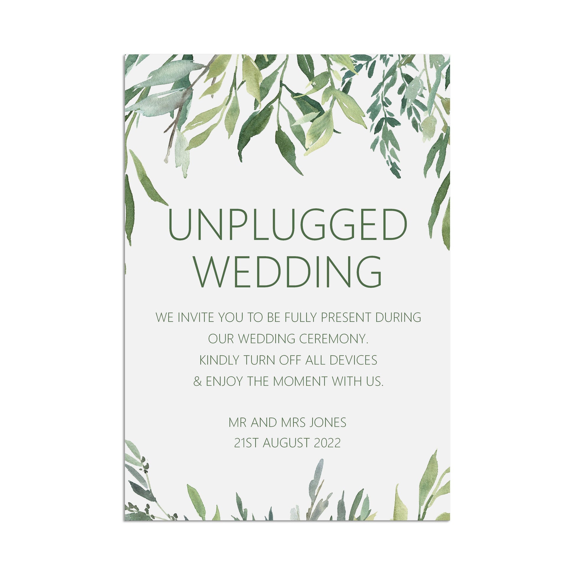 Unplugged Wedding Ceremony Wedding Sign - Greenery
