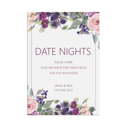 Date Night Ideas Wedding Sign Purple Floral Personalised A5, A4 Or A3