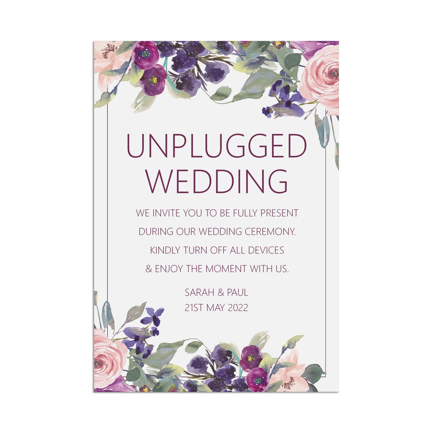 Wedding Sign - Unplugged Wedding Ceremony Sign Purple Floral Personalised A5, A4 Or A3